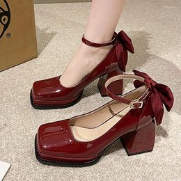 Dress Shoes Square Toe Women Marie Janes 2024 Spring High Heels Fashion Bow Lolita Elegant Zapatos Pumps Female