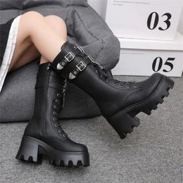 Boots Women's Punk Gothic 2024 Fashion Buckle Chain High Heels Mid Calf Women Black Pu Leather Plus Size 42 Autumn Botas