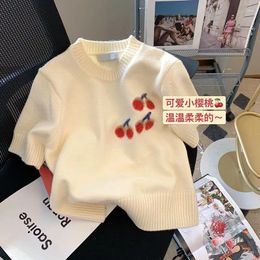 Women's Sweaters Graphic T Shirts Grunge Kawaii Clothes Sweet Sueter Mujer Cherry Short Sleeved Sweater Vintage Red Jumper Cropped Knit