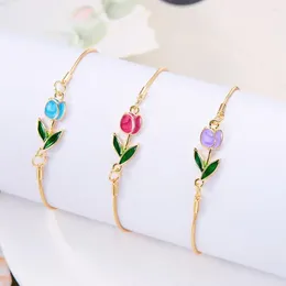 Link Bracelets Japan Korea Elegant Tulip Rose Bracelet For Women Girls Sweet Colorful Flower Metal Chain Women's Jewelry Wholesale