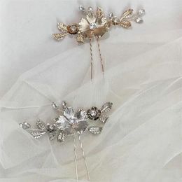 Hair Clips Vintage Metal Flowers Bridal Hairpin Gold Color Leaf Wedding Accessories Rhinestone Tiara Jewely