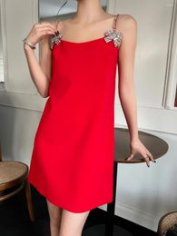 Casual Dresses Sexy Spaghetti Strap Red Party Dress Bling Bow Rhinestone Black Short Slim Mini A-Line White 2024 Woman Clothing