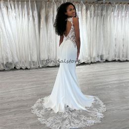 Charming Mermaid Lace Wedding Dress For Black Girl 2024 Sexy Open Back Satin Bohemian Country Bridal Dresses V Neck Beach Civil Bride Dress Vestido De Noiva Casamento