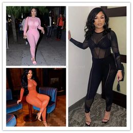 2024 Designer Sexy Hollow Out Jumpsuit Women Spring Long Sleeve Sheer Romper Bodycon See Through Leggings One Piece Overalls Wholesale Clothes