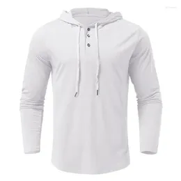 Gym Clothing Hooded Shirt Solid Long Sleeve Top Button Placing Lightweight Mens Athletic With Neck And Front