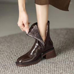 Boots Autumn Women Split Leather Shoes For Square Toe Chunky Heel Casual Zipper Modern Winter Black