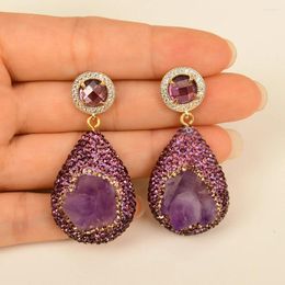 Dangle Earrings GG Jewellery Natural Purple Amethyst Rough Raw Stone CZ Crystal Paved Drop Lady Party Gifts