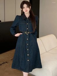 Casual Dresses Autumn Elegant Women Denim Dress High Quality Retro Lady Fashion Lapel Long Sleeve Female Office OL Belt Party