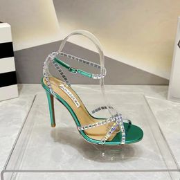 Aquazzura high heeled sandals slides mules pumps Crystal decorative party banquet high heel shoes luxury designer women's stiletto sandals factory footwe