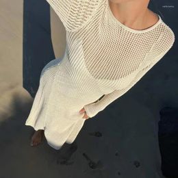 Women's Swimwear Summer Beach Cover-Ups Women Long Sleeve Dress Knitted Cutout See-through Party For Club Streetwear