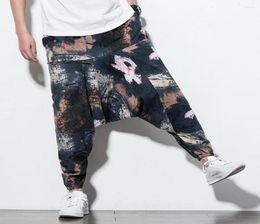 Men039s Pants Men Harem Drop Crotch Pockets Joggers Printed Casual Trousers Loose Hip Hop Streetwear Baggy Cotton Wide Leg9100648