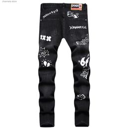 Herren Jeans Herrenmode Straße Hip-Hop Jeans Männer Stretchy Slim Fit Zerrissene Hochwertige Jeans 2023 Neue Männliche Punk-Stil Denim-Hosen Schwarz T240228