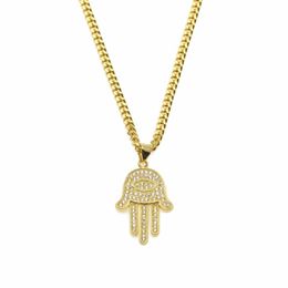 Pendant Necklaces Gold Silver Fatima Hamsa Hand Bling CZ Iced Out Charm Cuban Chain For Women Mens Hip Hop Jewelry259W