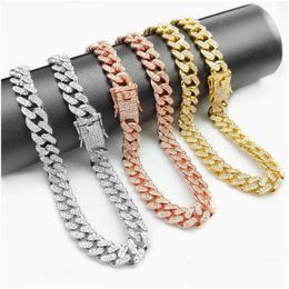 Dog Collars & Leashes Dog Collars Leashes Cuban Necklace Paved Rhinestones 12.5Mm Width Chain Hip Hop Jewellery Gold Colour Stainless Ste Dhm4A