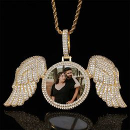 Angel Wings Medallions Custom Po Pendant Necklace For Men Hip Hop Iced Out Pendant Custom Engraved Name Memory Gift 240226