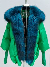 Fur Oversized Winter Warm Detachable Removable Fox Fur Collar Dazzling blue Down Coat Women Puffer Outerwear Jackets Ladies