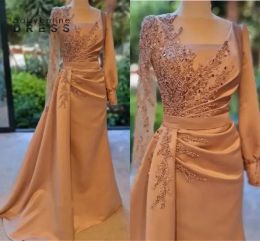 Modest Manga Longa Mãe da Noiva Vestidos Sheer Jewel Neck Appliqued Lantejoulas Cetim Longo Mãe Prom Noite Formal Ocasião Vestido