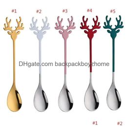 Spoons Creative Deer Head Stainless Steel Spoon Elk Coffee Household Kitchen Tableware Christmas Gift Drop Delivery Home Garden Kitche Dhbes