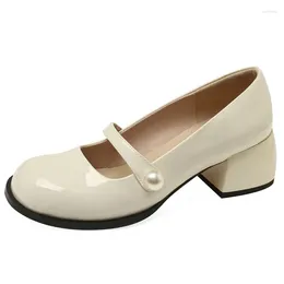 Dress Shoes Sexy Fashionable Women's Single With Round Toe One Line Buckle Pearl Thick Sole Elegant Middle Heel Shallow Mouth