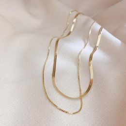 Minimalist Double Layer Women Box Chain Herringbone Chain Gold Plated Choker Necklaces Korean Fashion Blade Necklace265g
