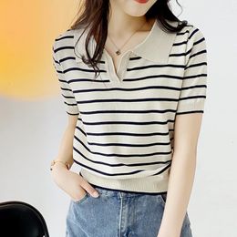 Womens summer polo T-shirt waist tied cotton short sleeved womens T-shirt striped summer womens fashion top 240227