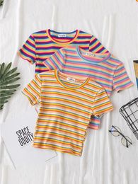 New womens rainbow striped top ultra-thin slim fit T-shirt Harajuku T-shirt summer short sleeved Korean T-shirt womens top 240227