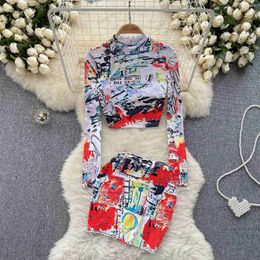Work Dresses 2024 Summer Women Clothing Sets Chic Printed Stand Collar Long Sleeve Crop Top And Elastic Waist Mini Skirt 2 Pieces Suits