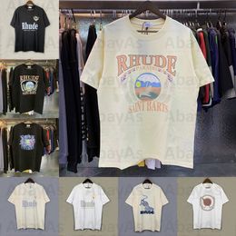 2024 Rhude T-Shirt Erkek Kadın Tasarımcı Tee Egzersiz Gömlek Erkekler için Büyük Boy Tişörtleri Tee%100 Pamuklu Rhude Vintage Kısa Kollu