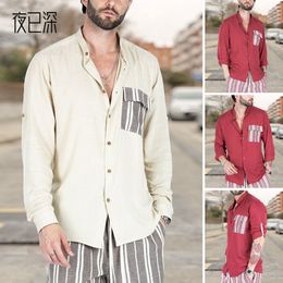 2024 new Men's Contrasting Color Stitching Lapel Casual shirts Long Sleeve Skin Friendly Button Down Men Summer Blouse Striped Pocket Print Linen Shirt loose Tops 3XL