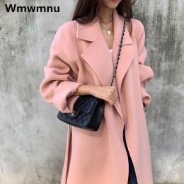 Blends Korean Styles Pink Long Woolen Coat Winter Warm Thick Women Wool Blend Jackets Chic Belt Loose Sobretudo Casual Trench Overcoat