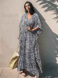 Basic Casual Dresses 2023 Leopard Self Belted Side Split Summer Beach Dress Long Tunic Women Clothes Plus Size Beachwear Maxi Dresses Q1226 T240227