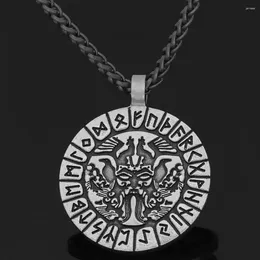 Pendant Necklaces Religious Double-sided Engraved Viking Letter Rune Odin Head Round Metal Necklace