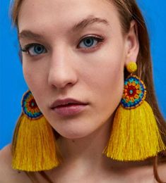 Ethnic Vintage Yellow Long Tassel Hoop Earrings Female Maxi Cotton wool Silk Thread Bohe Big Flower Beads Earrings For Women Jewel1684986