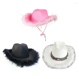 Berets Wedding Party Cowgirl Hat For Bridal Women Wide Brim Cowboy Fashion Music Festival Boho-Feather Costume Dropship