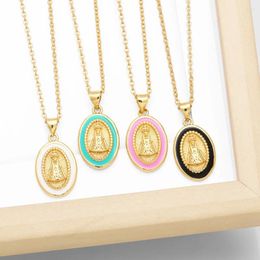 Pendant Necklaces FLOLA Round Enamel Virgin Mary Necklace For Women Amulet Gold Plated Religious Jewellery Our Lady Of Aparecida Nkeb824
