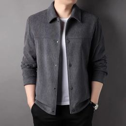 Autumn Polo Neck Corduroy Jacket Mens Solid Button Pocket Korean Youth Fashion Business Casual Work Coat Long Sleeved Top 240223