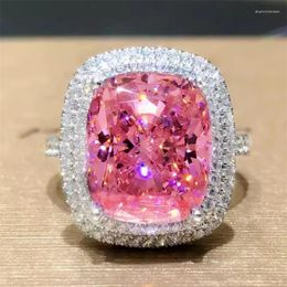 Cluster Rings High Grade Luxury Crystal Pink Rectangle Ring For Lady Bridal Wedding Accessories S925 Female Jewelry With Full Stones