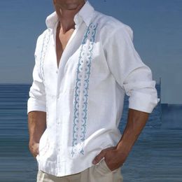 Men Clothing 2023 Fashion Button Turndown Collar Blouse Holiday Beach Printed Top Spring Casual Cotton Linen Shirt 240219