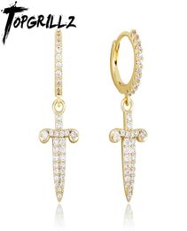 TOPGRILLZ Ice Out Sword Dagger Earring Full Iced Cubic Zirconia High Quality Copper Hip Hop Fashion Jewellery Gift For Party 2106183509273