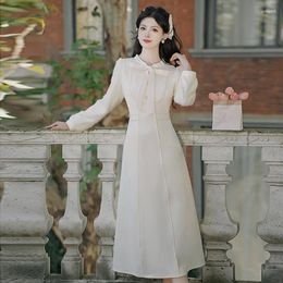 Casual Dresses Retro French Style Pearl Plush Ribbon Bow Dress Women Elegant Lady Fairy Princess Fall Thick Vestido Robe Rouge