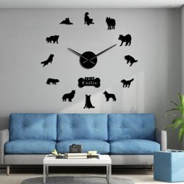 Wall Clocks Dog Breed Border Collie Silhouette Sticker Frameless DIY Giant Clock Home Decor Scottish Sheepdog