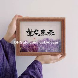 Raw Rough Amethyst Photo Frame Display Wedding Gift Beautiful Natural Chakra Reiki Healing Mineral Rocks Quartz Crystal Gemstone Wood Picture Frame Boho Decor