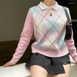 Women's Sweaters Women Sweet Y2k Preppy Style Argyle Knitted Sweater Fashion 90s Pink Long Sleeve Jumpers Winter Aesthetic Knitwear Autumn