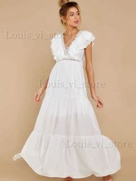 Basic Casual Dresses Sexy Deep V-neck Butterfly Sleeve Maxi Dress White High Waist Mid-length A-line Dress Casual Womens Summer Holiday Dress D9 T240227