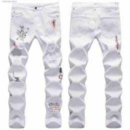 Men's Jeans 2023 Male Hip Hop Youth Streetwear Jeans Fashion Casual Style Men Denim Pants New Tide Graffiti-Art Ripped Cargo Jeans White T240227