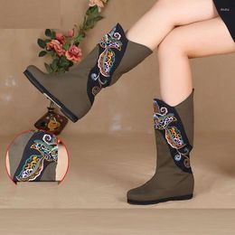 Boots Spring Autumn China Style Height Increased Embroider Flowers Cotton Fabric Women Mid-Calf Half Winter Plush Inside 2302
