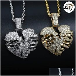 Pendant Necklaces Personalized Real 18K Gold Bling Diamond Broken Hollow Heart Mens Pendant Necklace Iced Out Cubic Zirconia Lovers Hi Dh42T