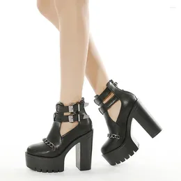 Boots Goth Heeled For Women Nightclub High Platform Heels Shoes Belt Buckle Korean Short With Zipper