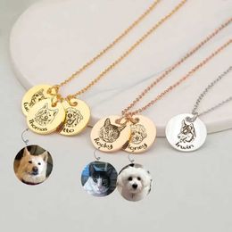 Pendant Necklaces Personalised Engraved 3 Pet Photos Necklace with Name Jewellery Stainless Steel Dog Cat Portrait Custom Necklaces Pendants Collier 240227