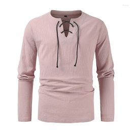 Men's T Shirts Mens Solid Colour Loose V-neck Long Sleeve Cotton And Linen Shirt